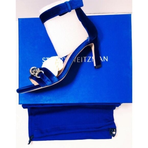 Stuart Weitzman Womens Blue Velvet Open Toe Ankle Strap Heels Sandals Sz 7.5 NIB - Picture 4 of 11
